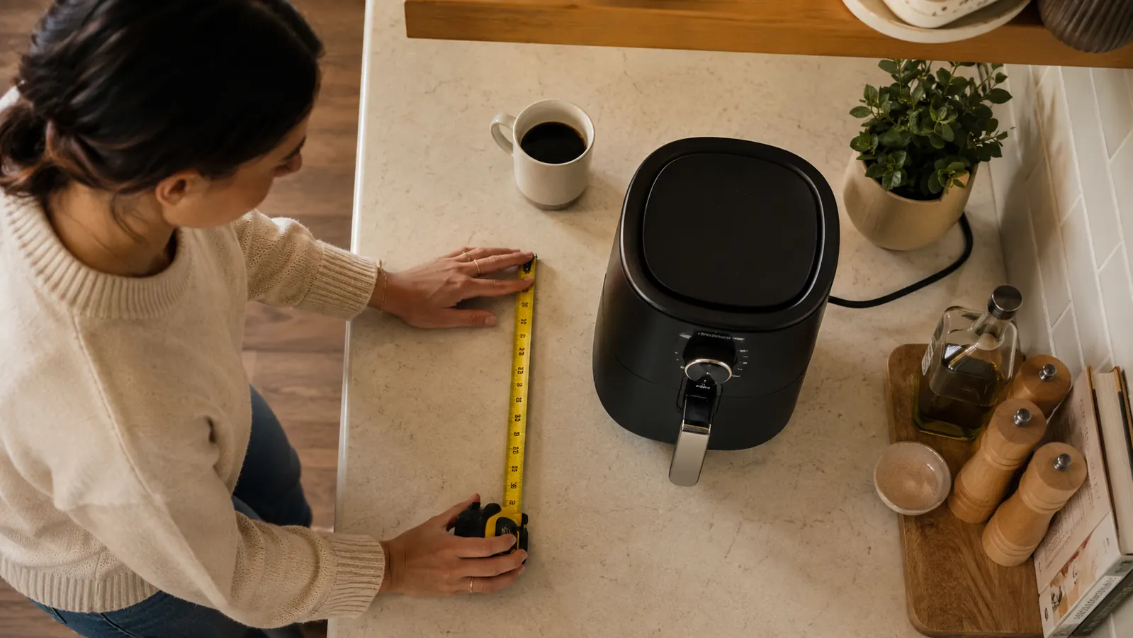 Cosori TurboBlaze air fryer tucked neatly under a cabinet in a small apartment kitchen