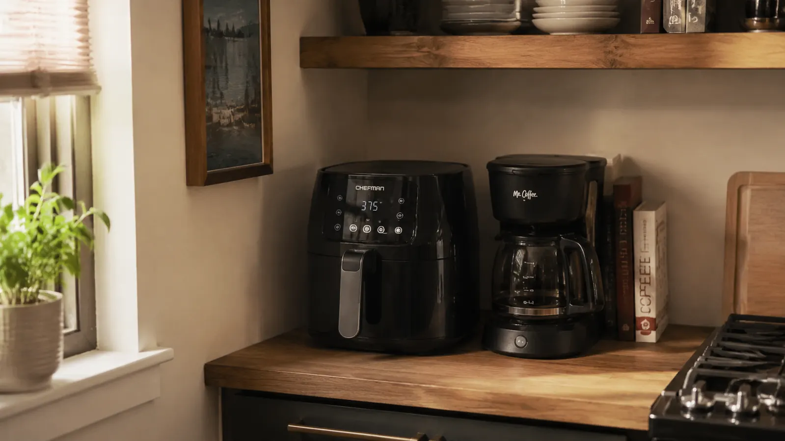 Cosori TurboBlaze air fryer sitting on a small apartment kitchen counter next to a coffee maker and a cutting board