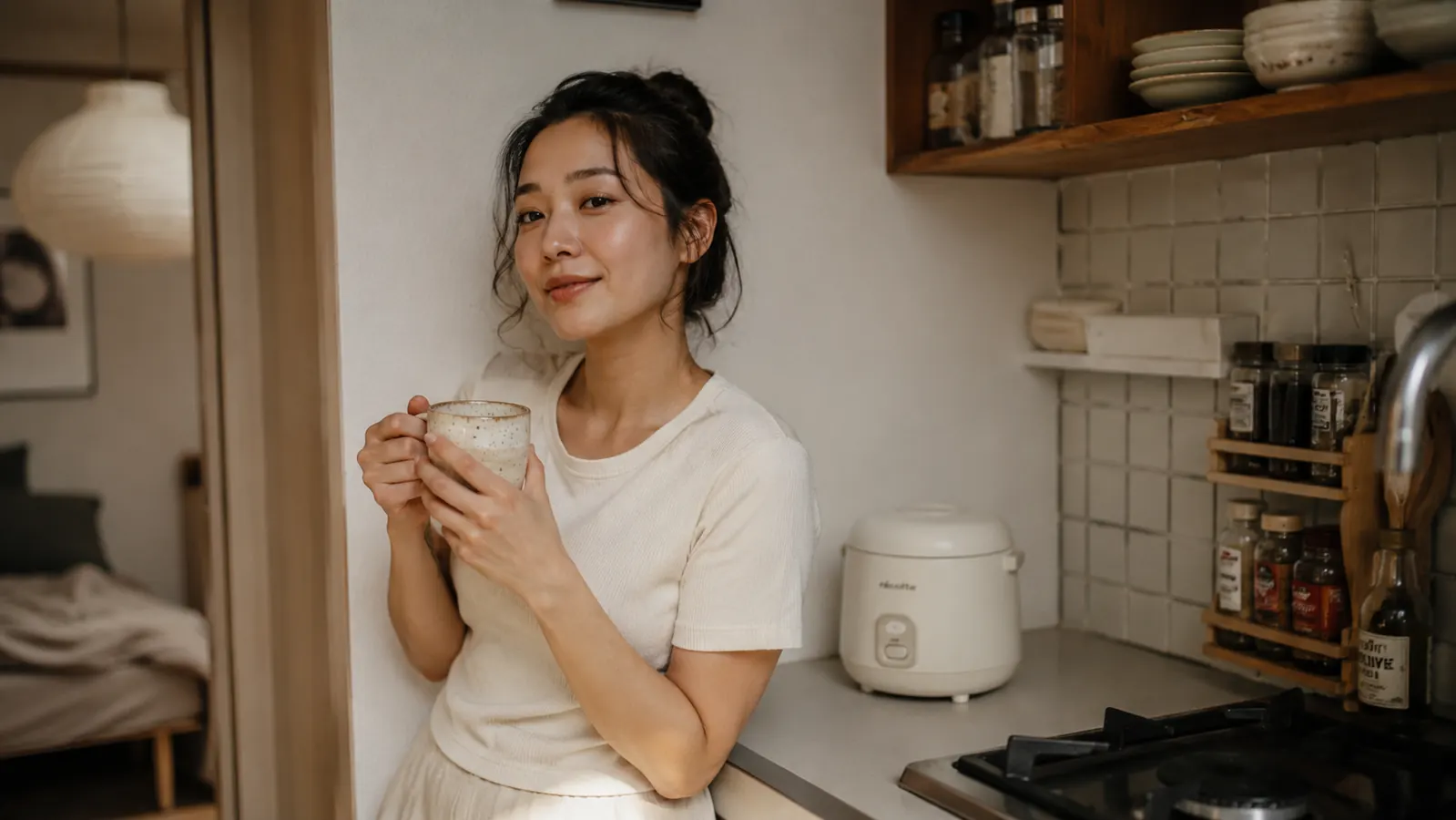 Dash Mini Rice Cooker sitting on a small apartment kitchen counter next to a bowl of fluffy white rice