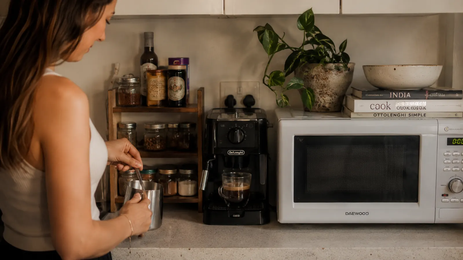 Nespresso Inissia espresso machine on a small apartment kitchen counter next to a tiny window with morning light