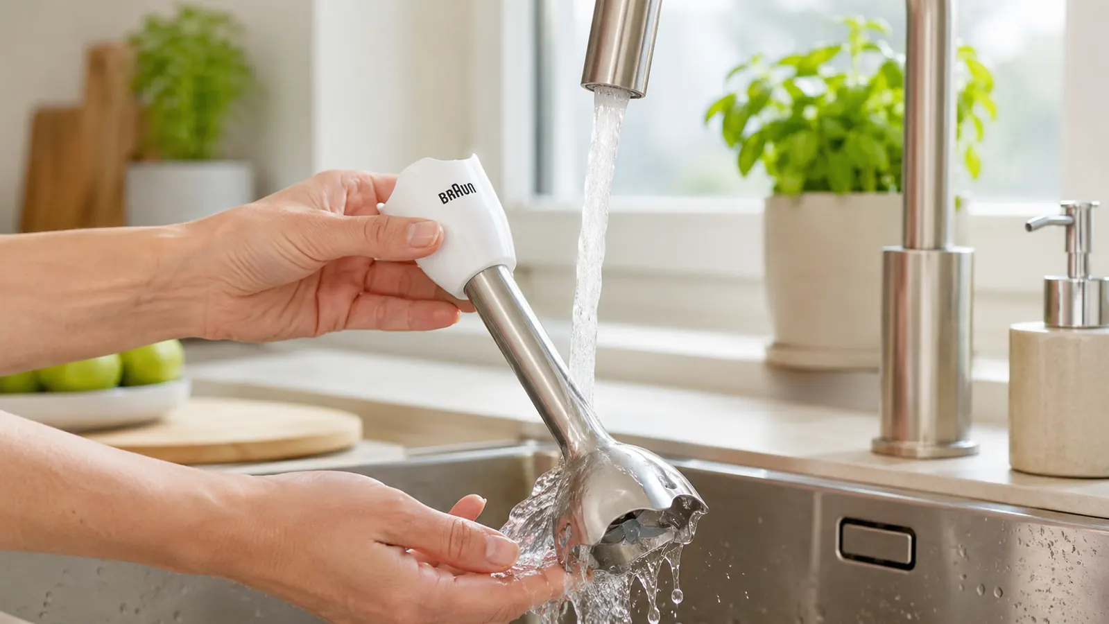Braun MultiQuick 5 blending shaft detached from the motor body resting on a dish towel showing the one-click release