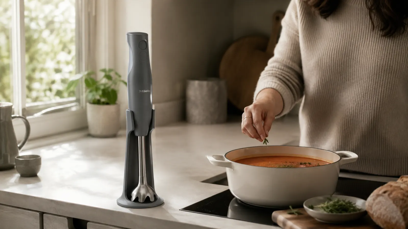 Braun MultiQuick 5 immersion blender resting on a small kitchen counter beside a pot of tomato soup