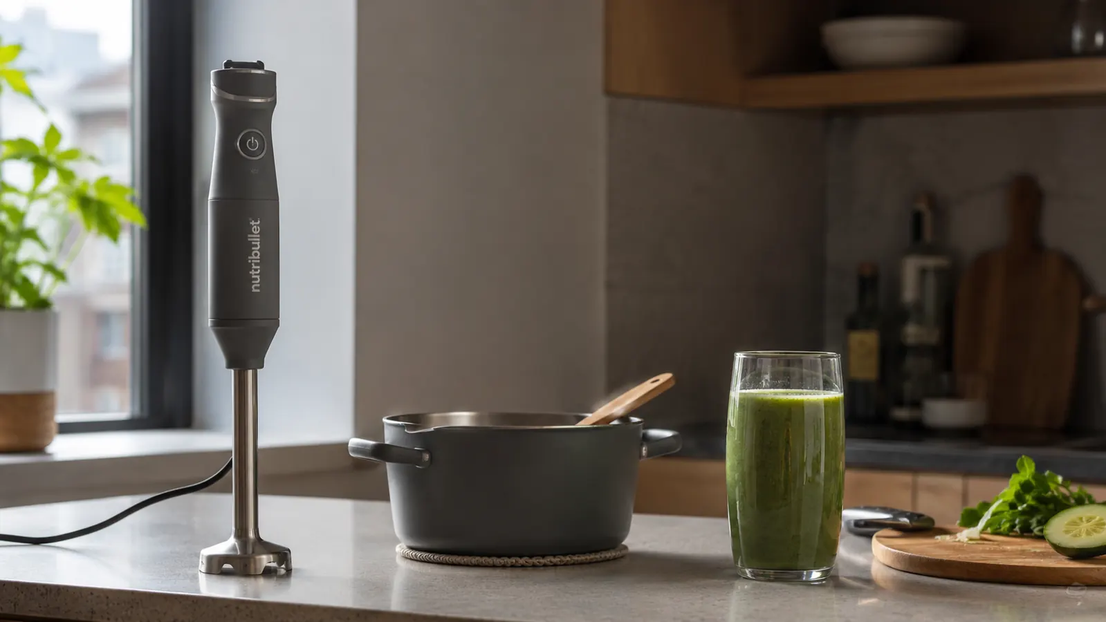 Braun MultiQuick 5 immersion blender resting on a small wooden cutting board in a compact galley kitchen with warm afternoon light