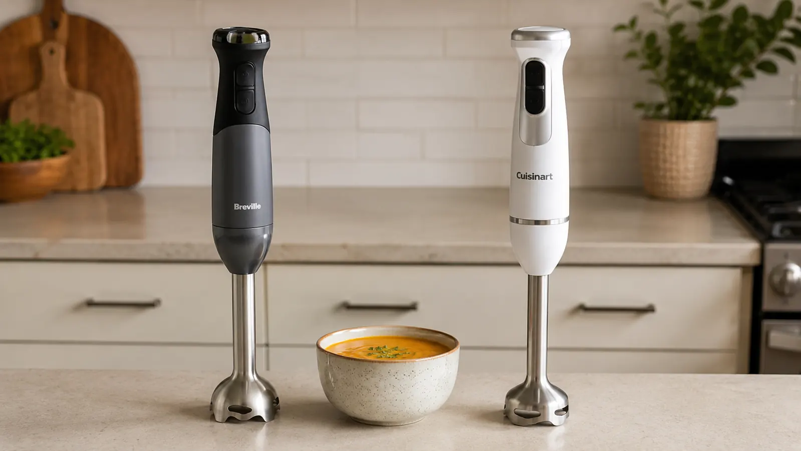 Braun MultiQuick 5 immersion blender resting on a butcher block counter next to a pot of tomato soup