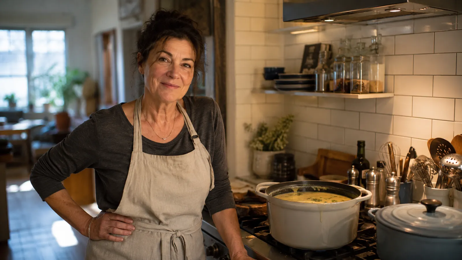 Warm kitchen counter with an immersion blender resting beside a pot of blended tomato soup, steam rising gently