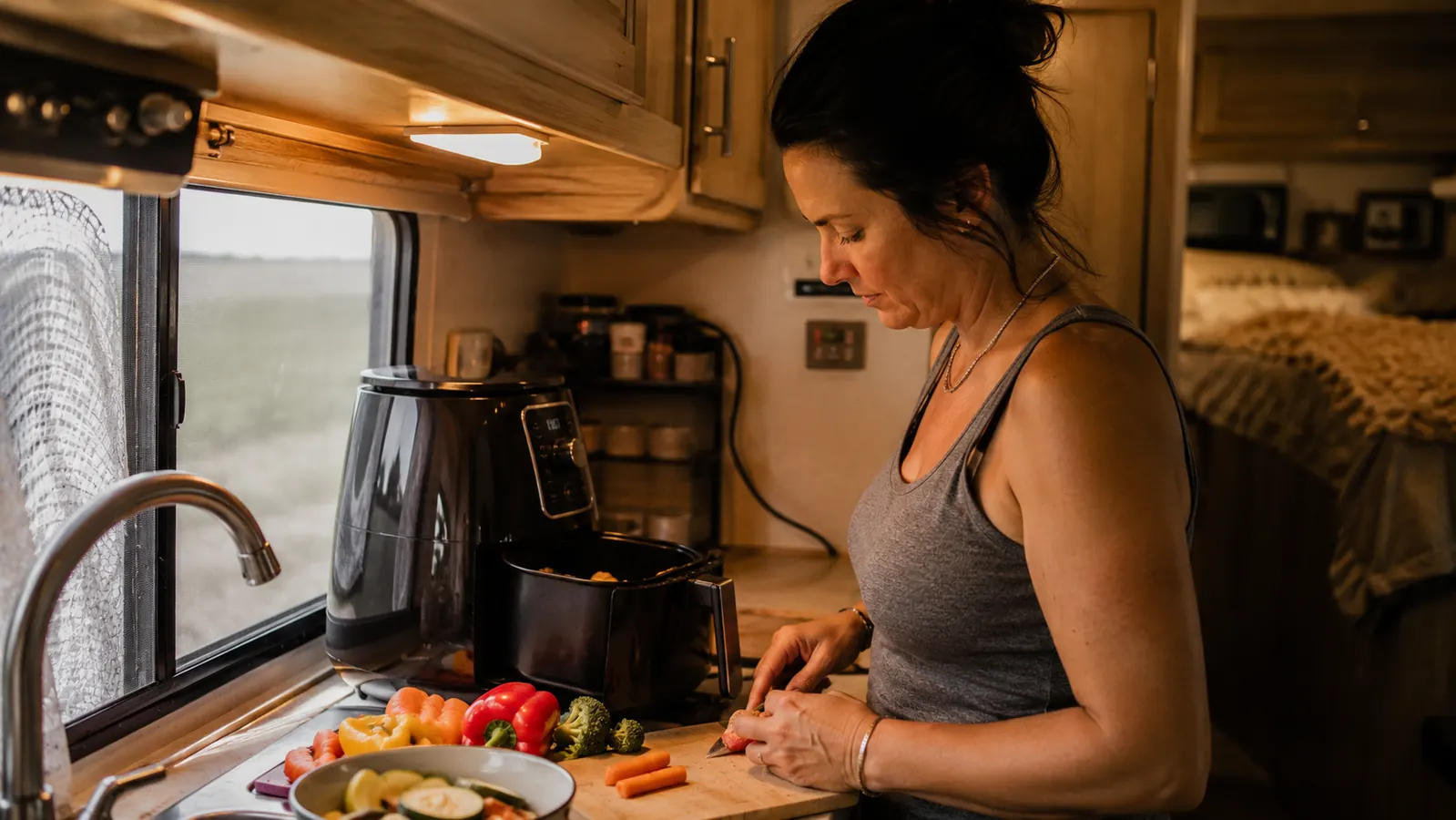 Person sitting at a tiny kitchen table eating a home-cooked meal, air fryer visible on the counter behind them