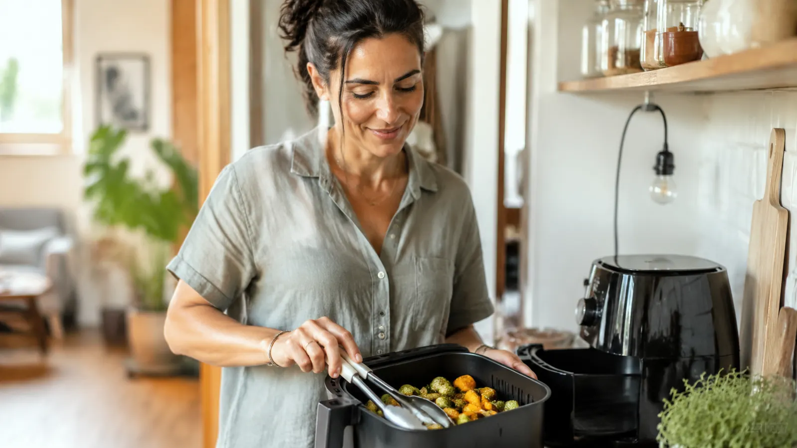 Warm studio apartment kitchen with a compact black air fryer on a small butcher-block counter, soft morning light through a single window