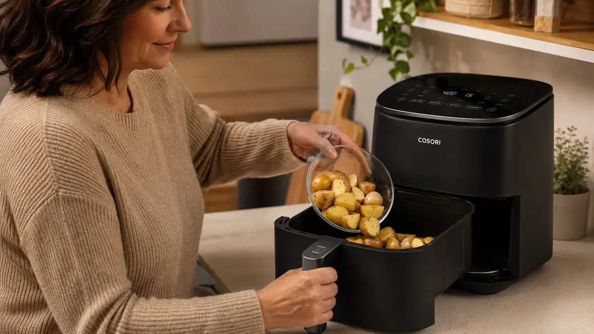 Hand pulling open the Cosori TurboBlaze air fryer basket to check food mid-cook