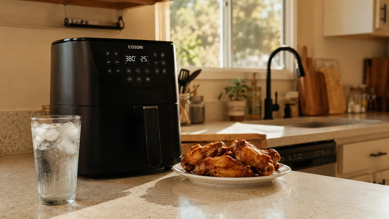 Cosori TurboBlaze air fryer on a small kitchen counter with steam rising from the basket
