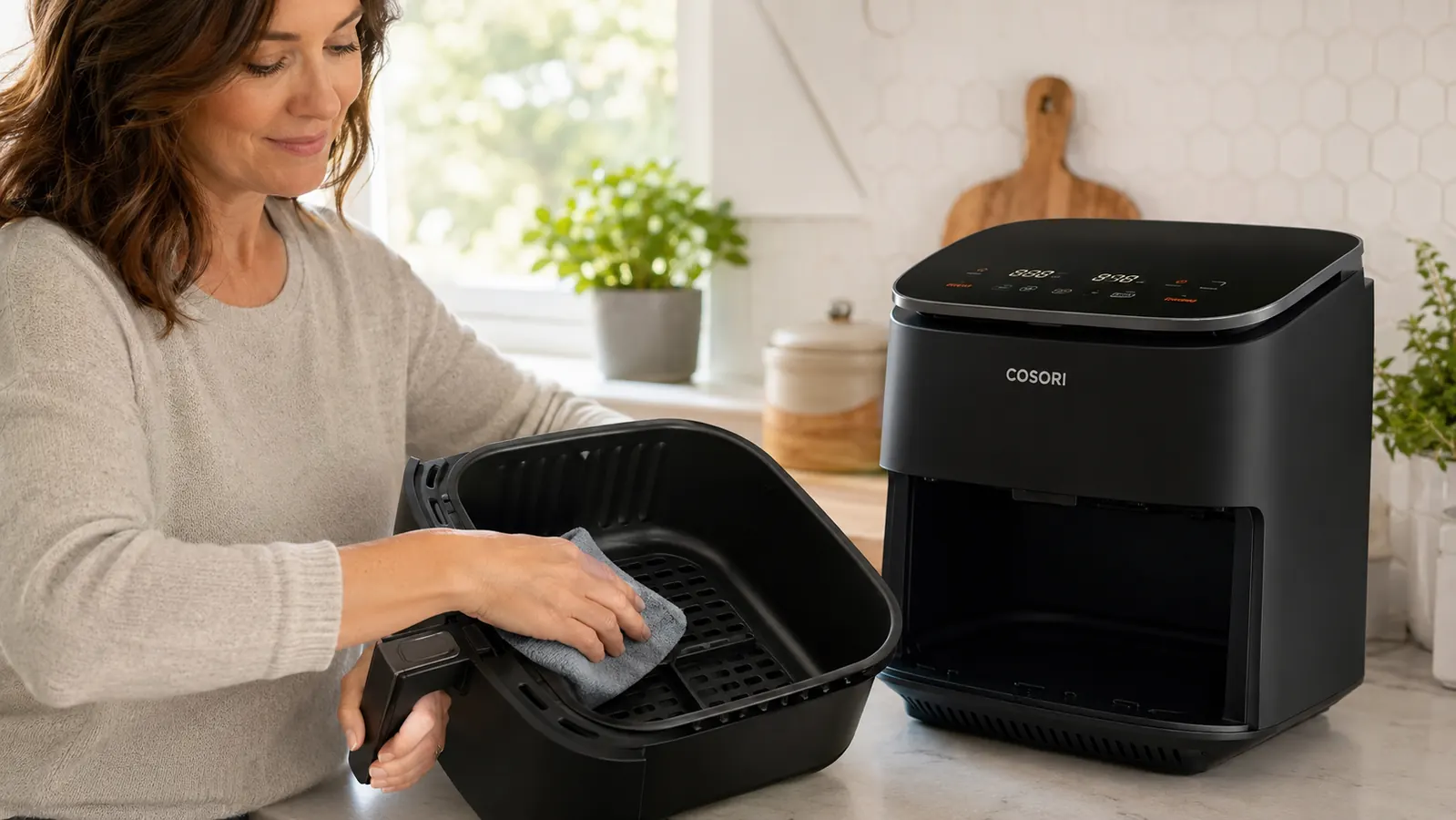 Golden-brown crispy roasted vegetables in the Cosori air fryer basket just after cooking