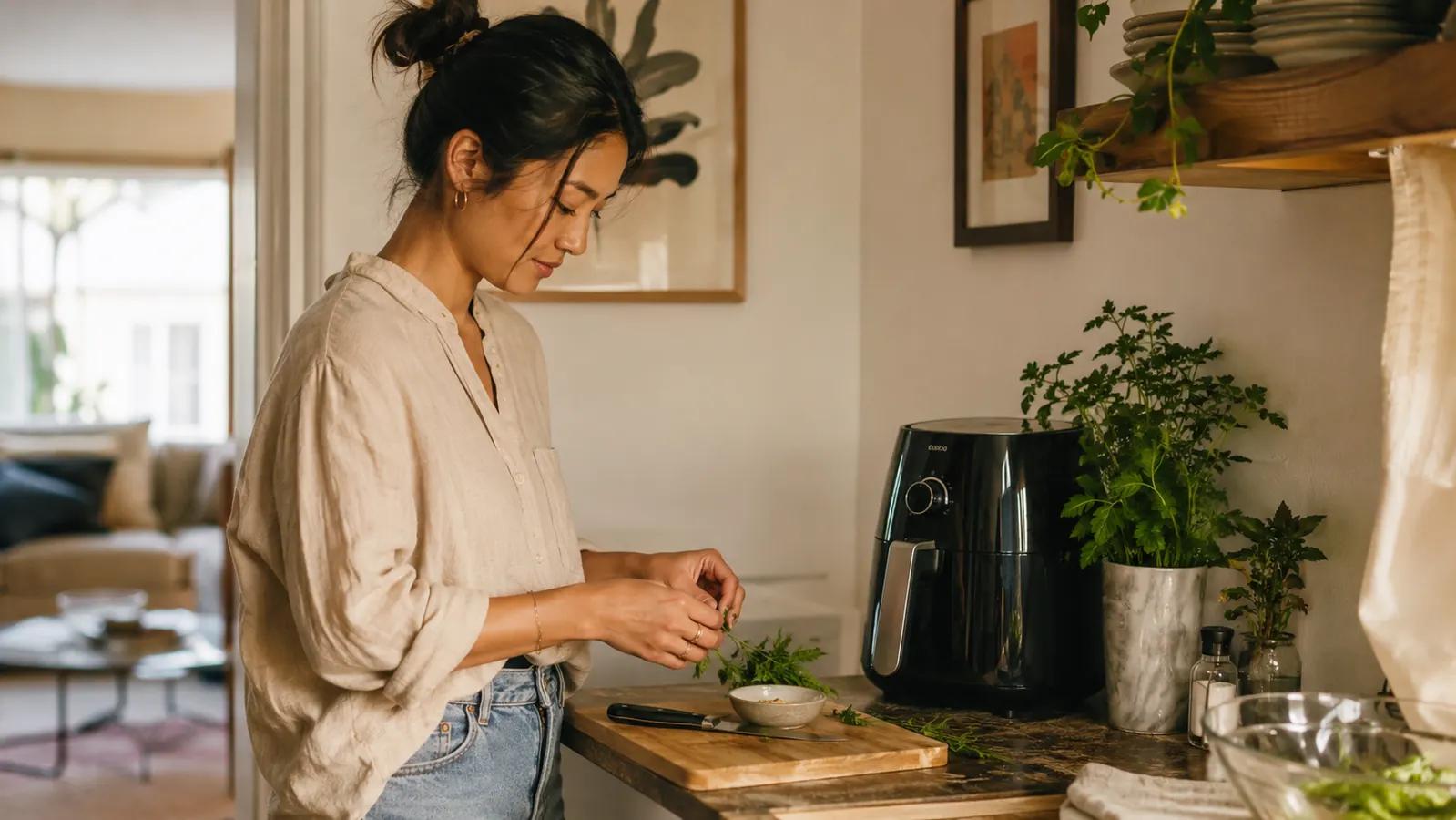 Cosori TurboBlaze air fryer on a small apartment kitchen counter with warm morning light coming through a nearby window