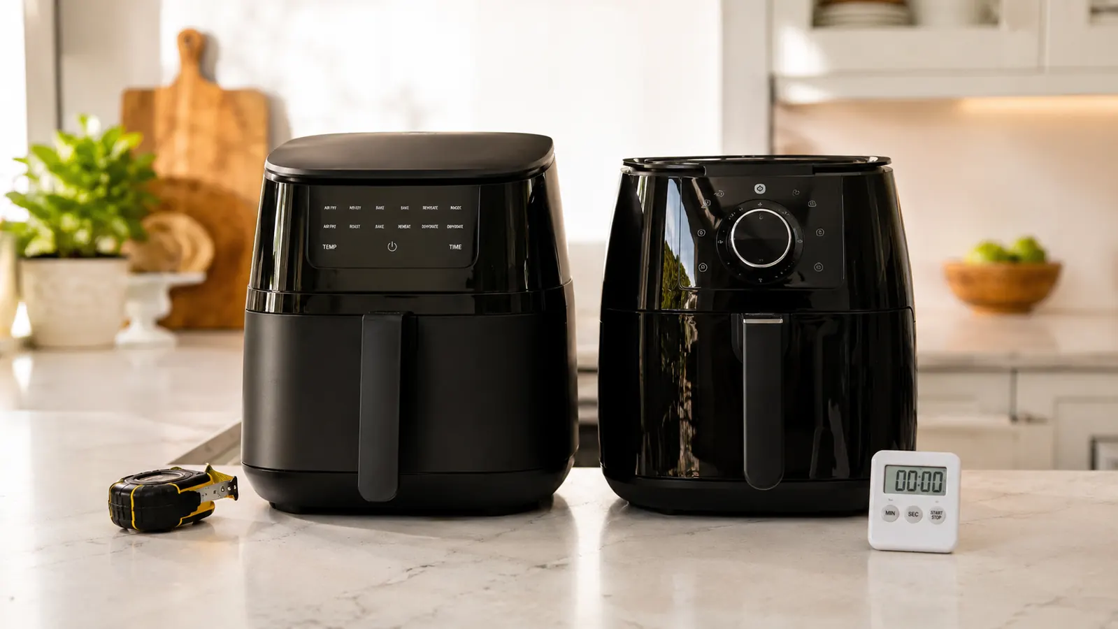 Two compact air fryers on a small apartment kitchen counter with limited space
