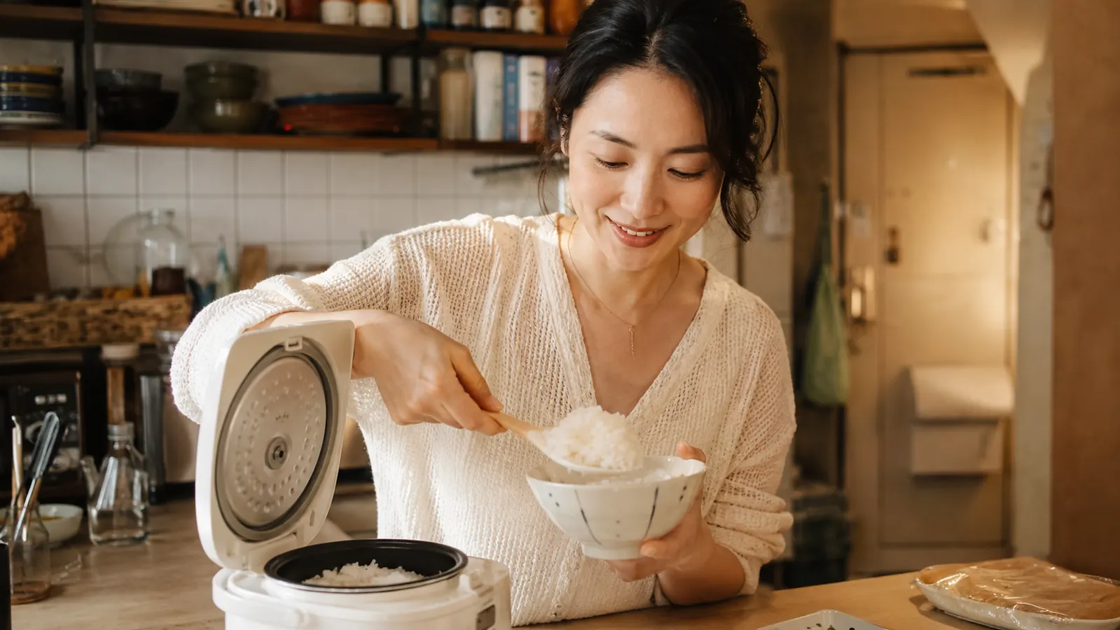 Small apartment kitchen counter with a compact rice cooker next to a single bowl of finished rice