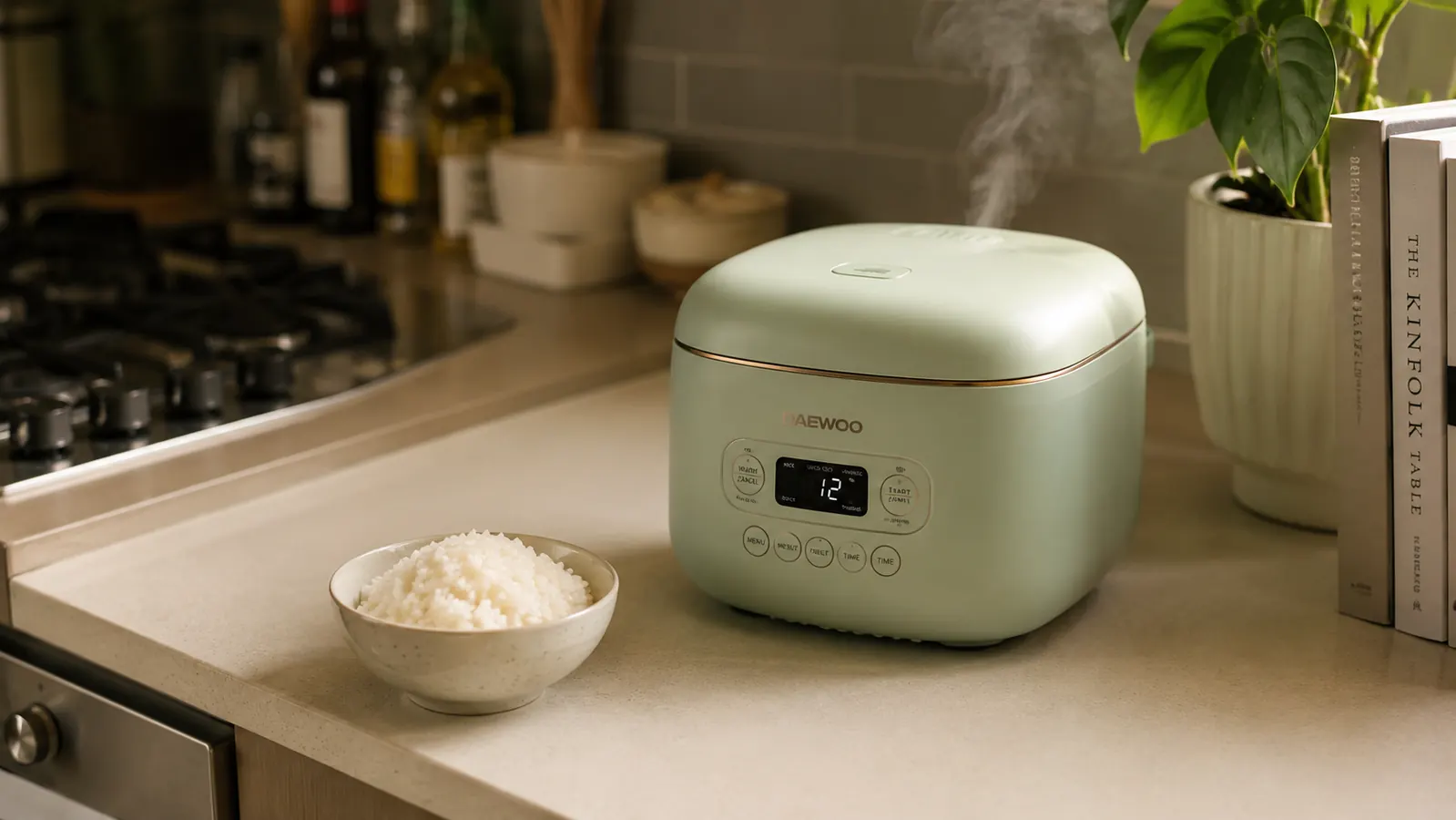 Dash Mini Ceramic Rice Cooker on a small apartment kitchen counter next to a bowl of cooked white rice