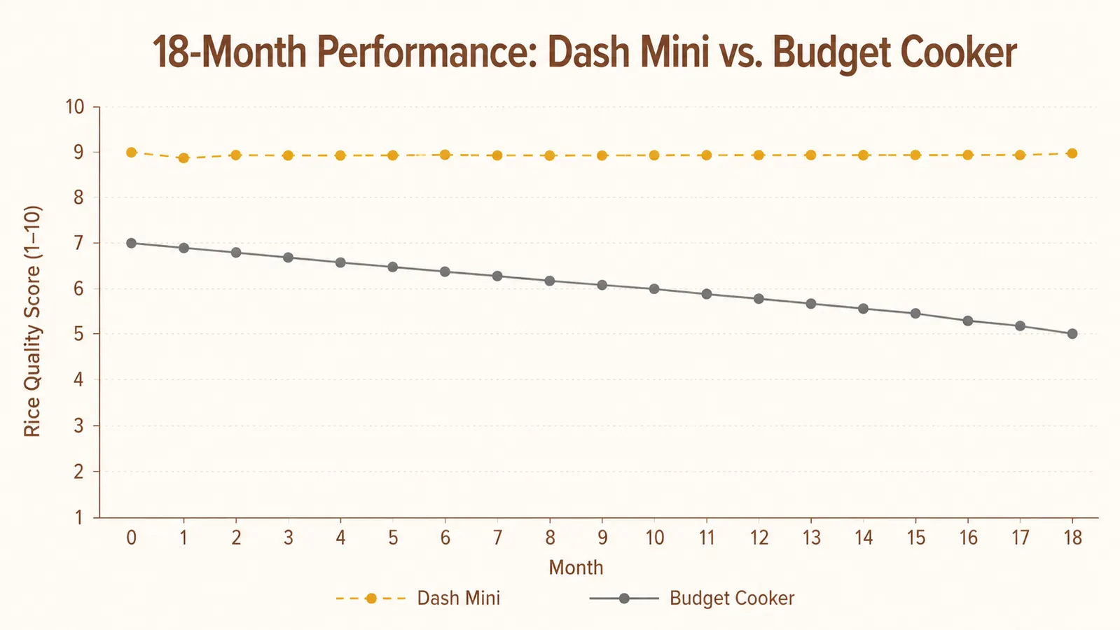 Chart showing cook times for white rice, brown rice, quinoa, and oatmeal in the Dash Mini Rice Cooker