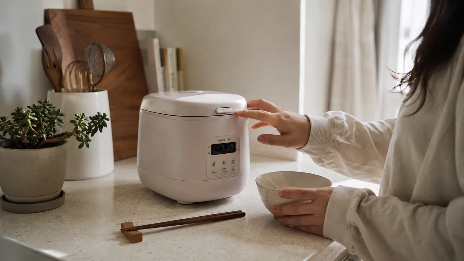 Dash Mini Rice Cooker sitting on a small apartment kitchen counter next to a bowl of cooked white rice