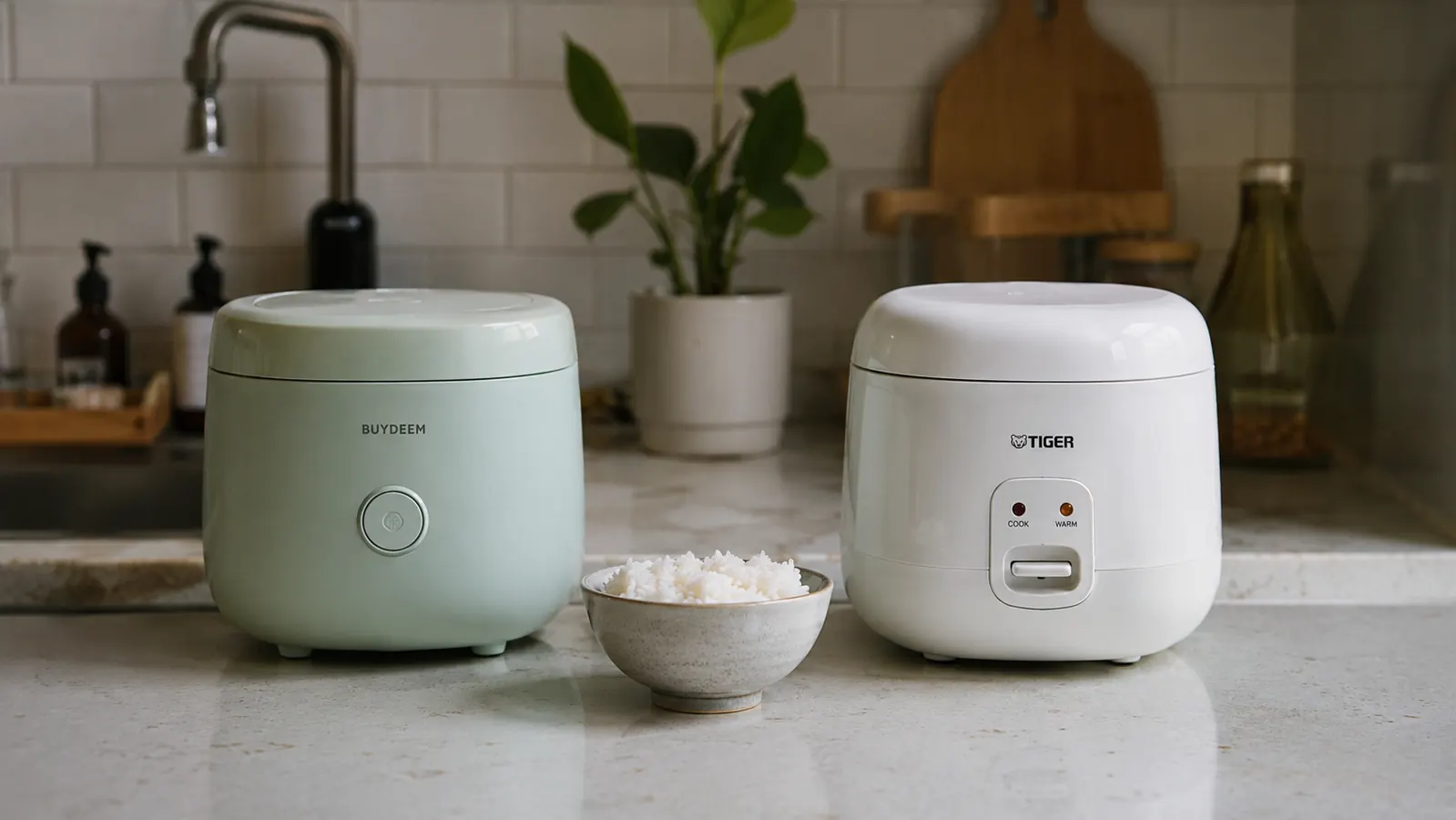 Dash Mini Ceramic Rice Cooker sitting on a small apartment kitchen counter next to a bowl of freshly cooked rice