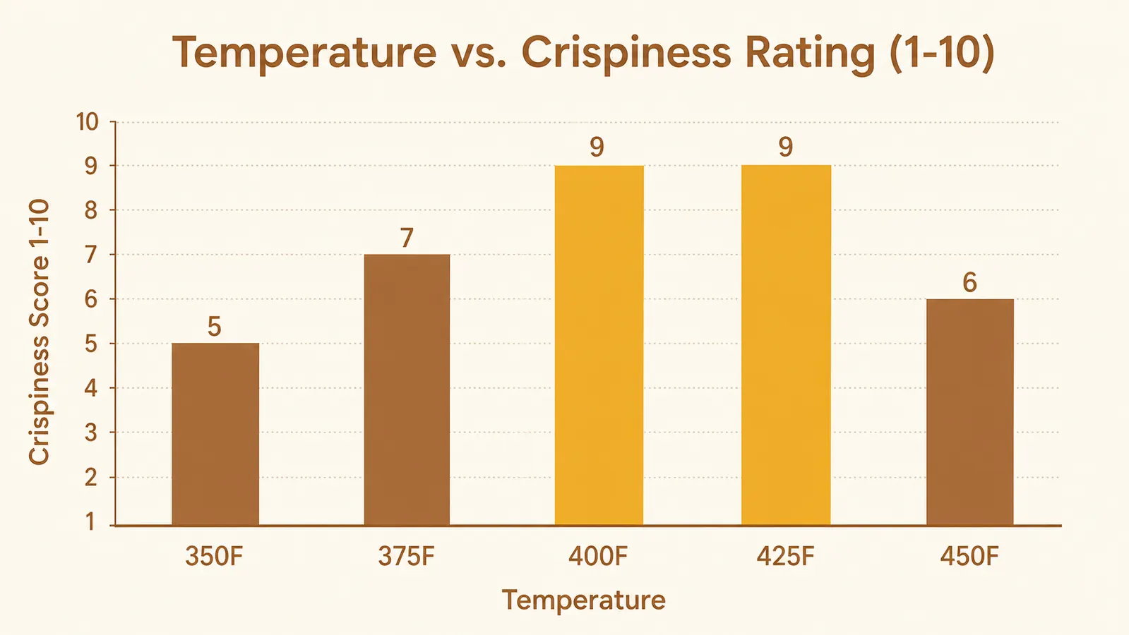 Chart comparing cooking times and temperatures for common air fryer foods including fries, chicken, and vegetables
