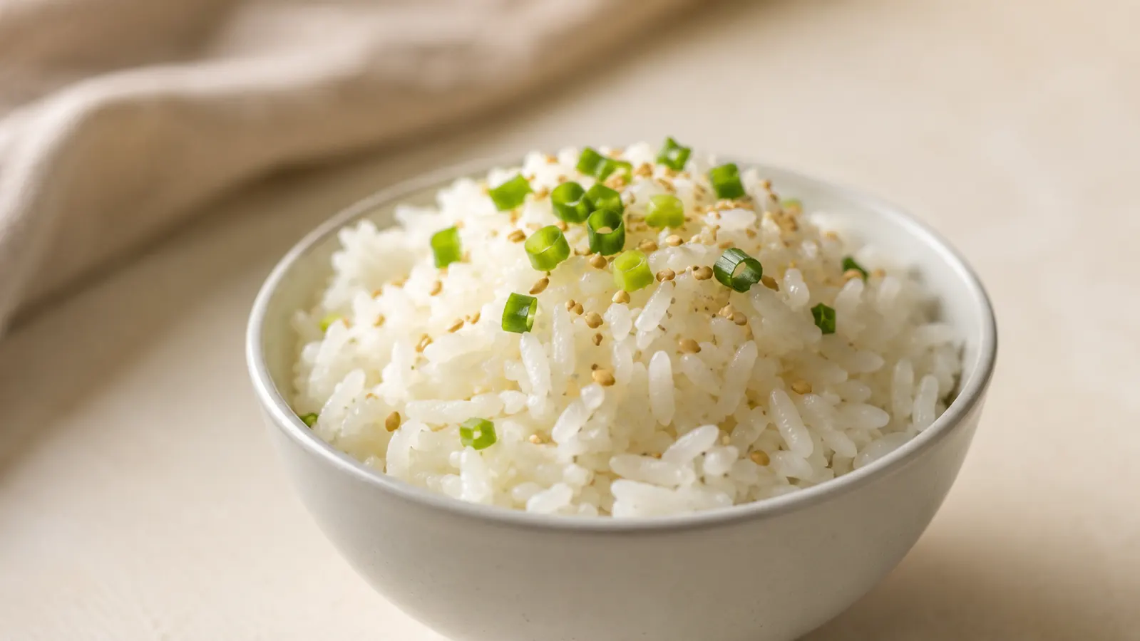 Dash Mini Ceramic Rice Cooker on a small apartment kitchen counter next to a bowl of fluffy white rice