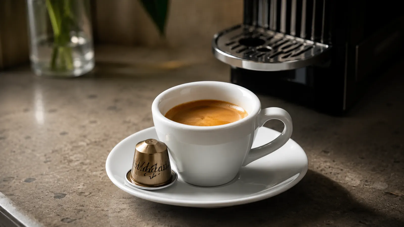 Nespresso Inissia espresso machine on a small kitchen counter with a fresh shot of espresso in a white demitasse cup, morning light coming through a window