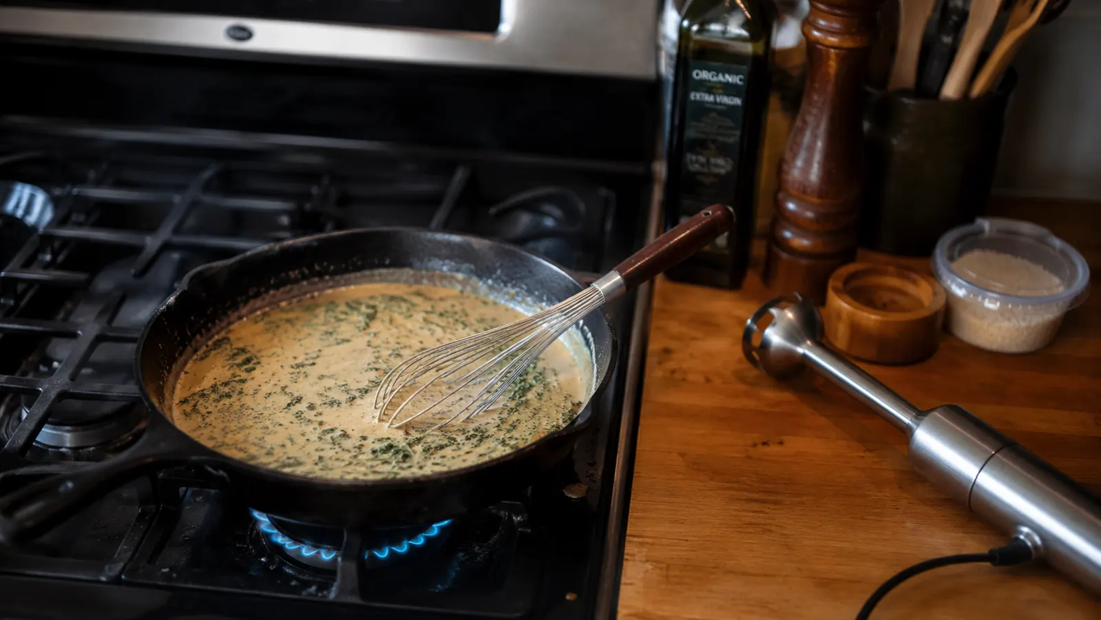 Person pouring a finished smooth butternut squash bisque from a pot into a white bowl, hand blender resting nearby on the counter
