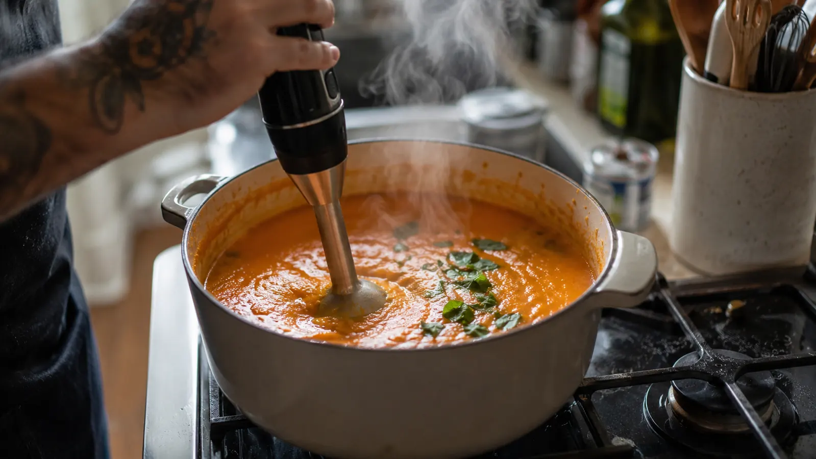 Woman blending a pot of roasted tomato soup directly on the stovetop with a hand blender, steam rising, warm kitchen light