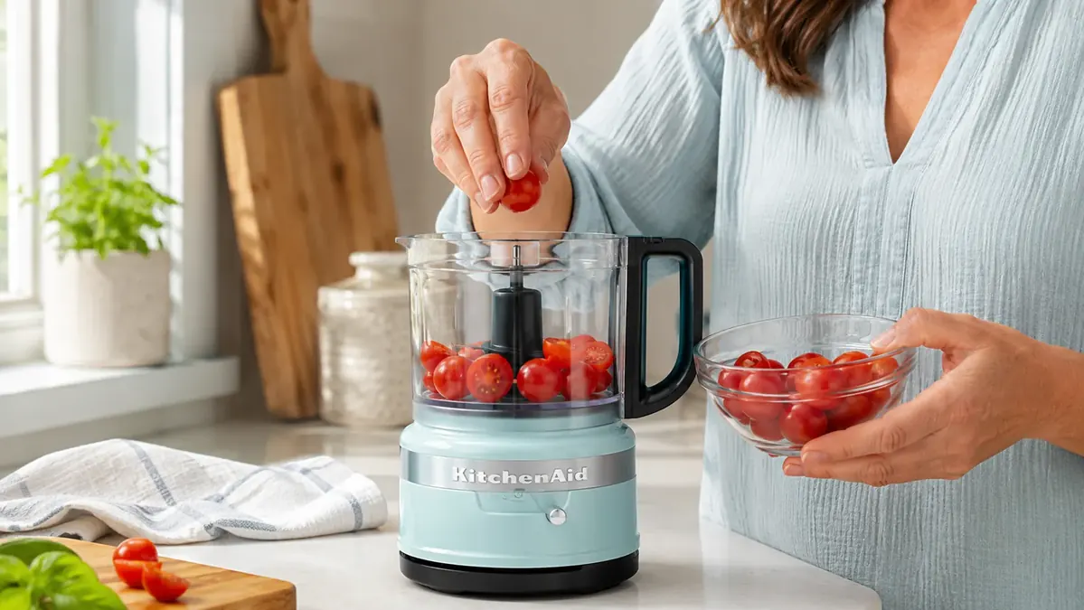 Hand loading quartered onion into the KitchenAid 3.5 cup food chopper bowl