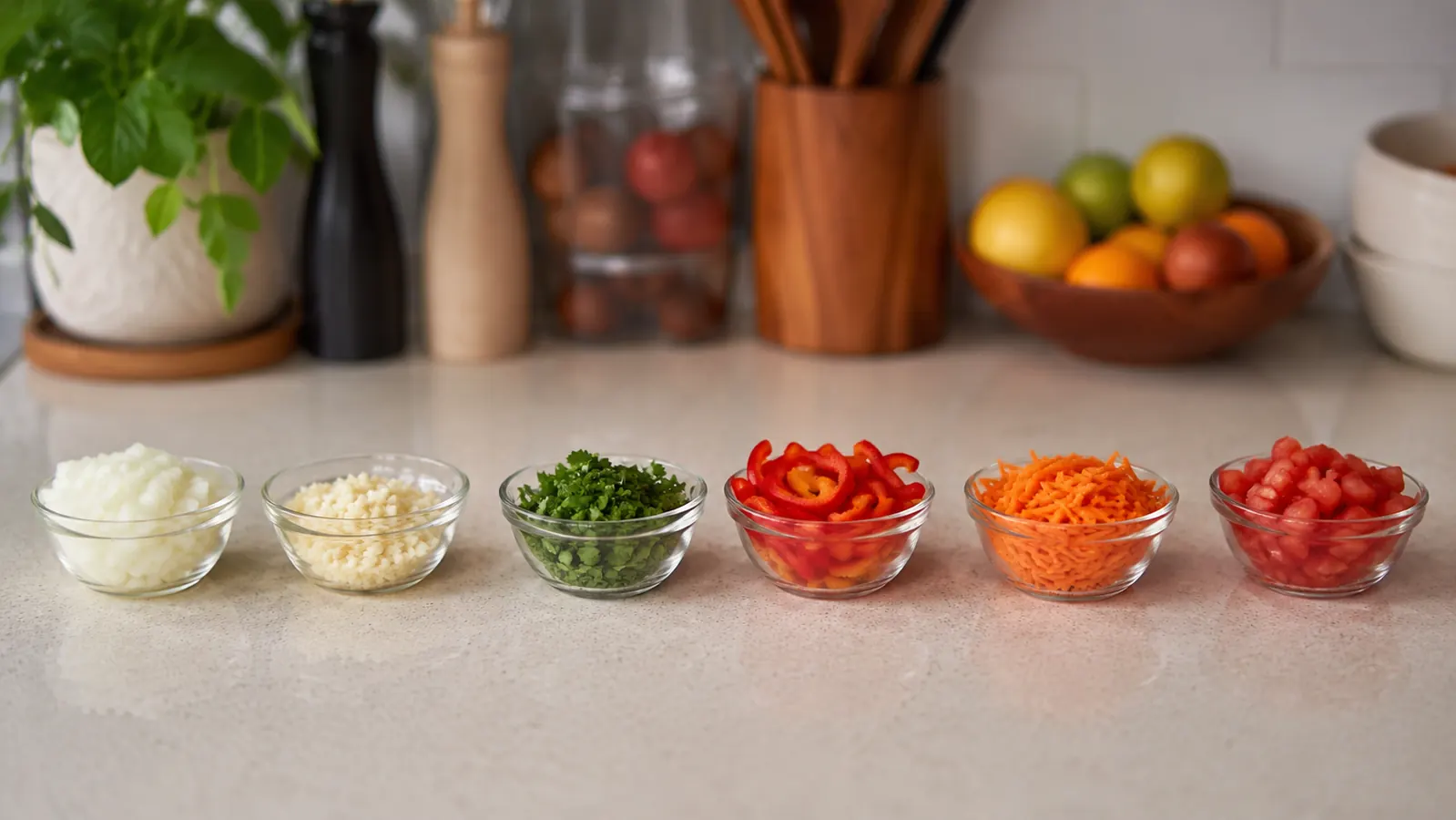 Small glass jars of prepped garlic, diced onion, and homemade salsa made with a mini food chopper