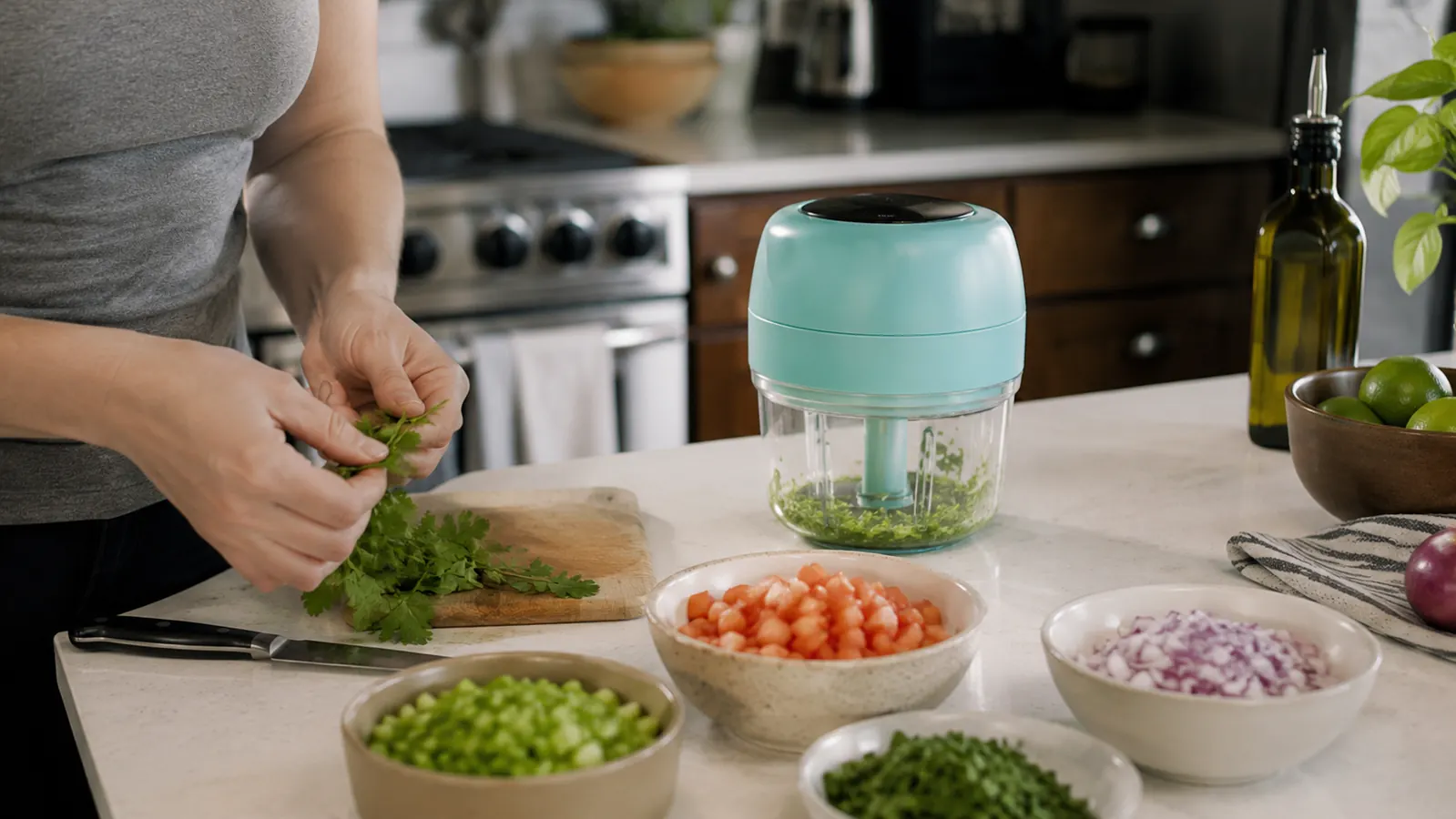 KitchenAid food chopper on a small apartment kitchen counter next to a cutting board with fresh vegetables