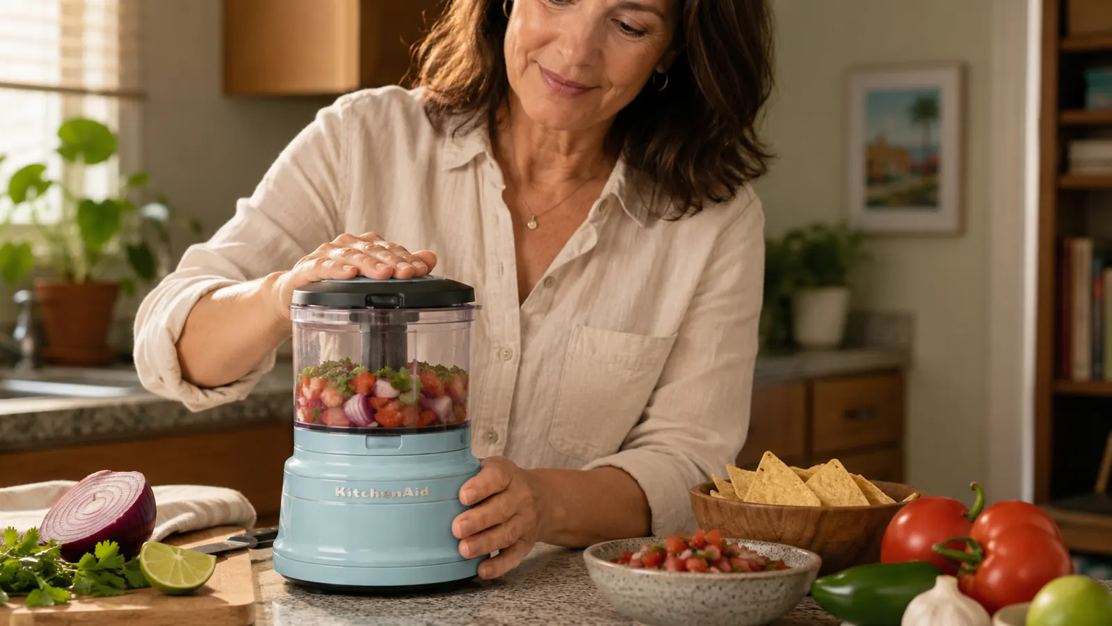 Hands loading chopped onion pieces into a small food chopper bowl on a kitchen counter