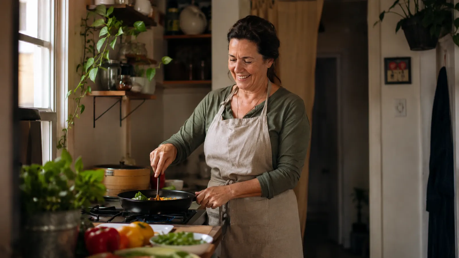 A small, tidy apartment kitchen counter with a compact food chopper next to a wooden cutting board and a pile of fresh vegetables