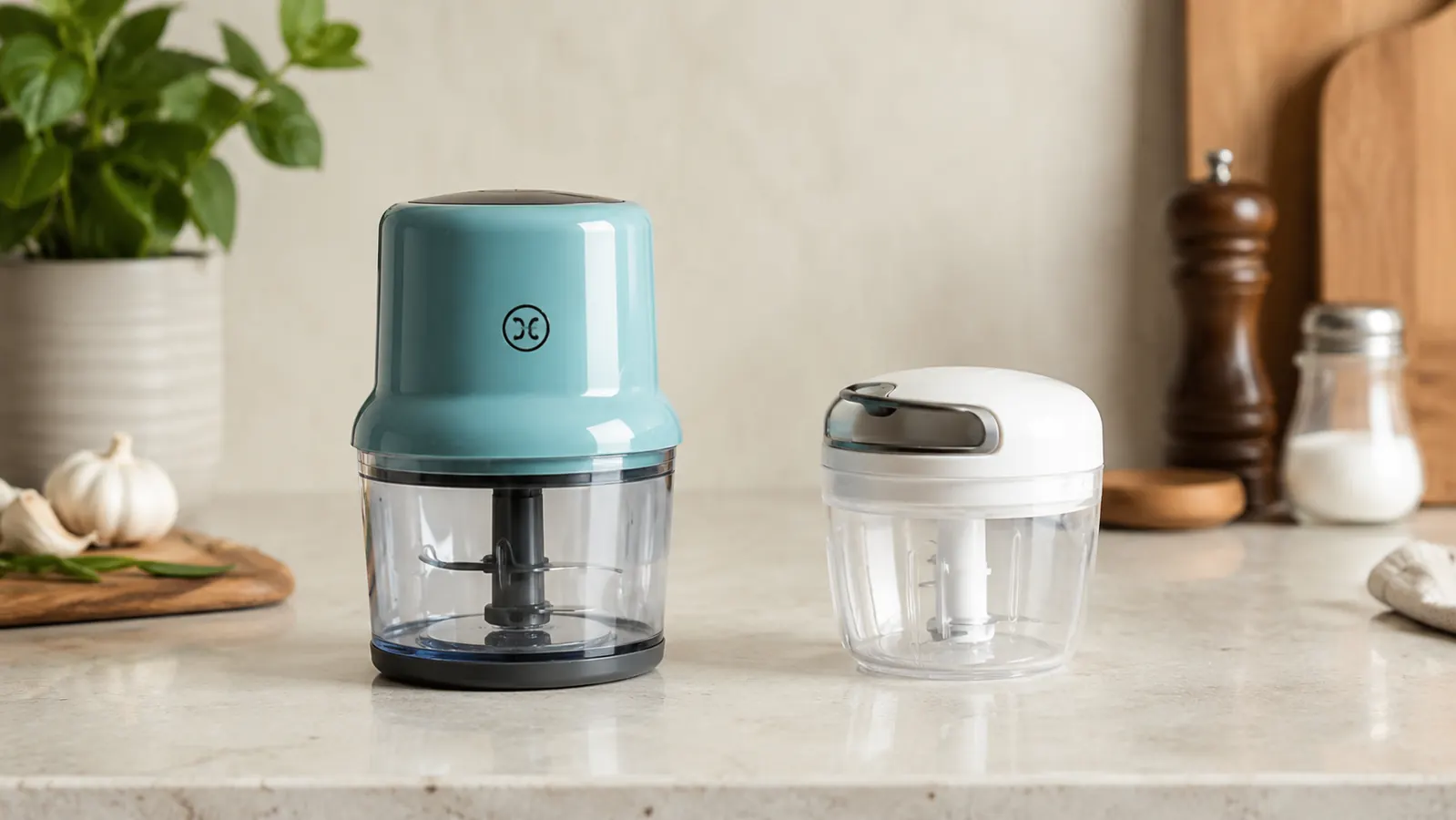 KitchenAid 3.5 Cup Food Chopper in Aqua Sky sitting on a white kitchen counter next to a pile of fresh vegetables