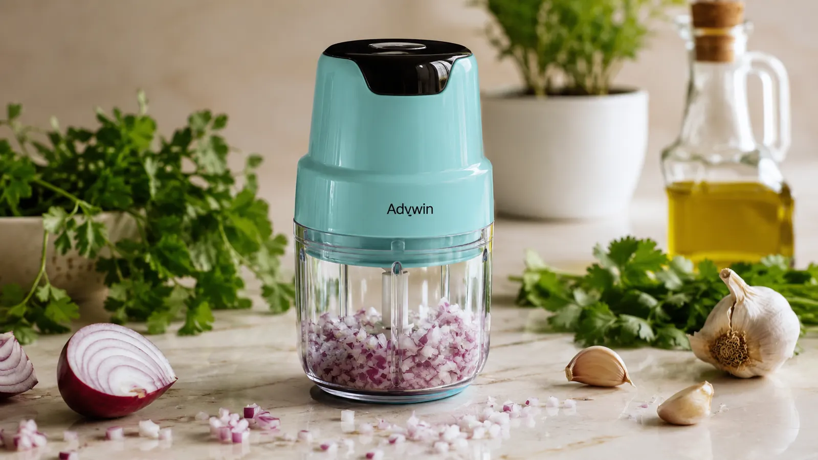 KitchenAid 3.5 Cup Food Chopper in Aqua Sky color sitting on a butcher block countertop in a small apartment kitchen with natural window light