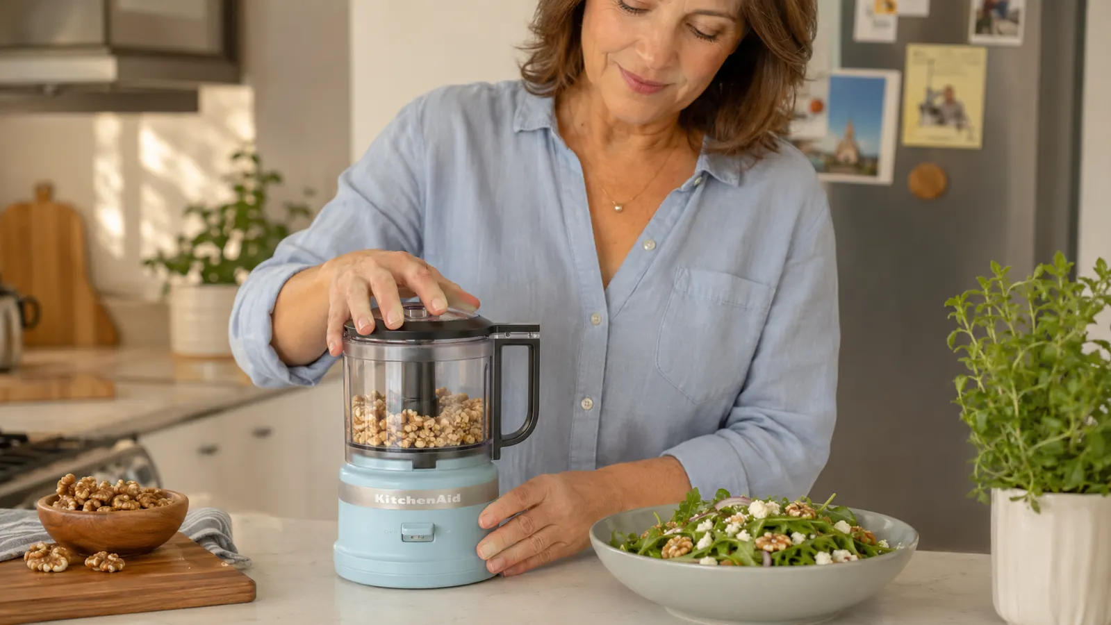 Hand pressing the lid down on the KitchenAid food chopper while chopping a small onion, stainless steel bowl visible inside