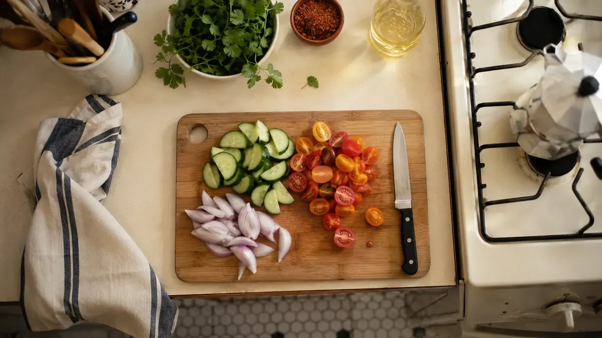 Small bowl of freshly made hummus next to the disassembled KitchenAid food chopper parts laid out on a kitchen towel for cleaning