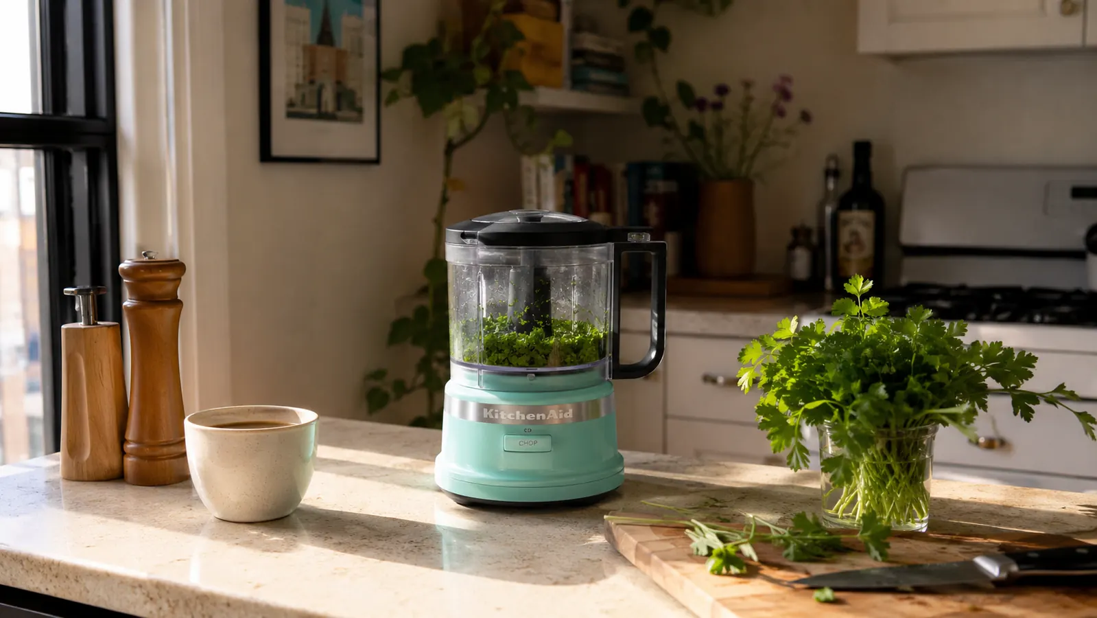 KitchenAid 3.5 cup food chopper in aqua sky color sitting on a cream-painted wood countertop next to a cutting board with fresh vegetables