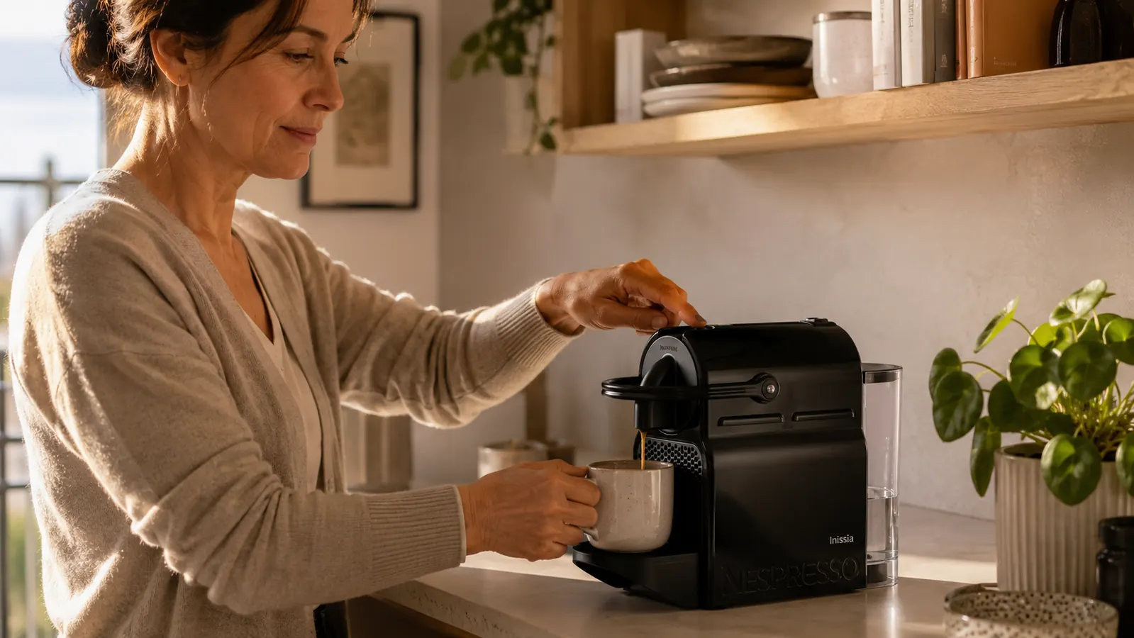 Nespresso Inissia espresso machine on a narrow kitchen counter next to a capsule holder and a small ceramic cup
