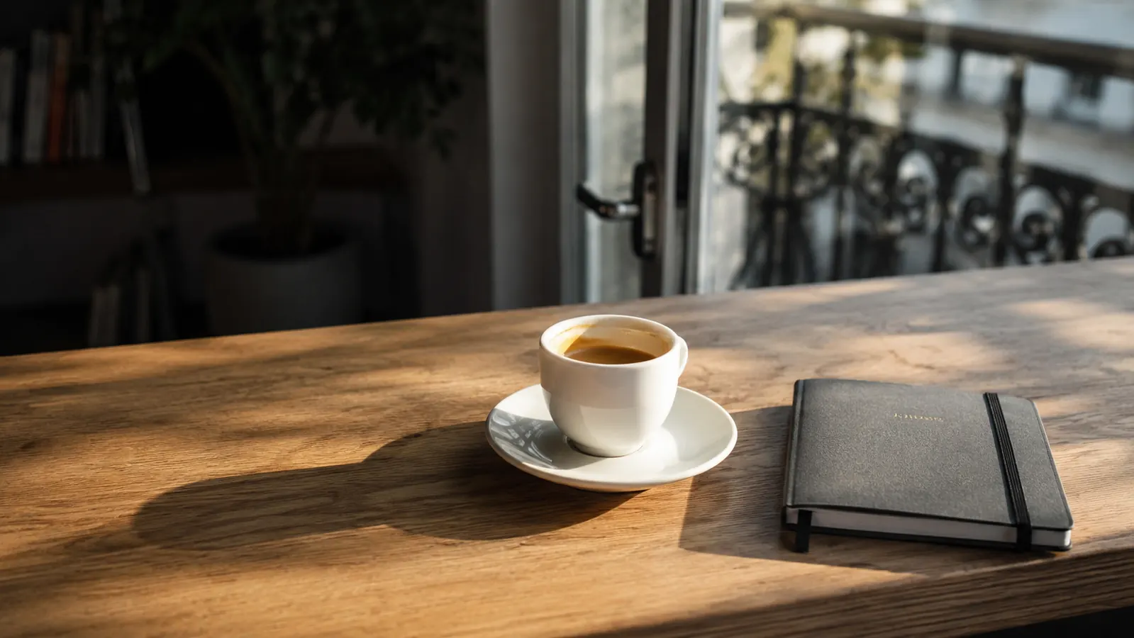 Close-up of a freshly pulled espresso shot in a small white cup with a thin layer of golden crema on top