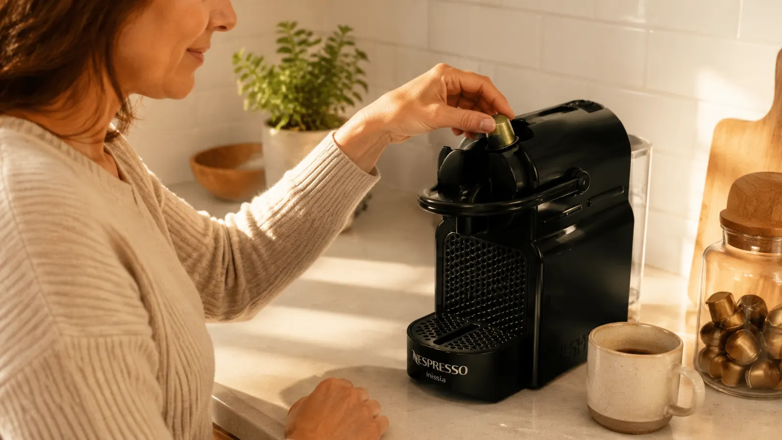 Hand inserting an Original Line Nespresso capsule into the Inissia machine