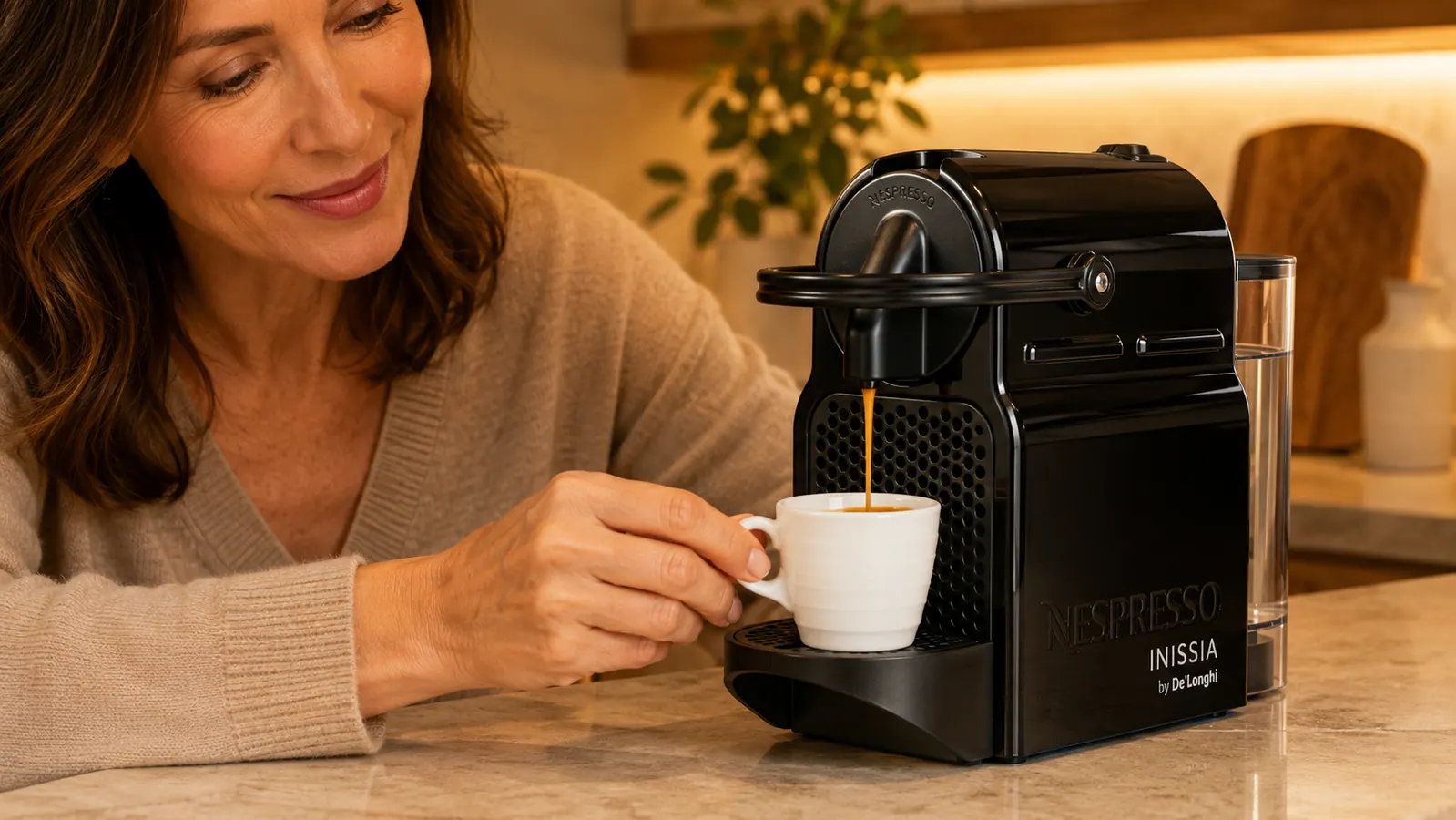 Nespresso Inissia next to a tape measure showing the machine footprint on a counter