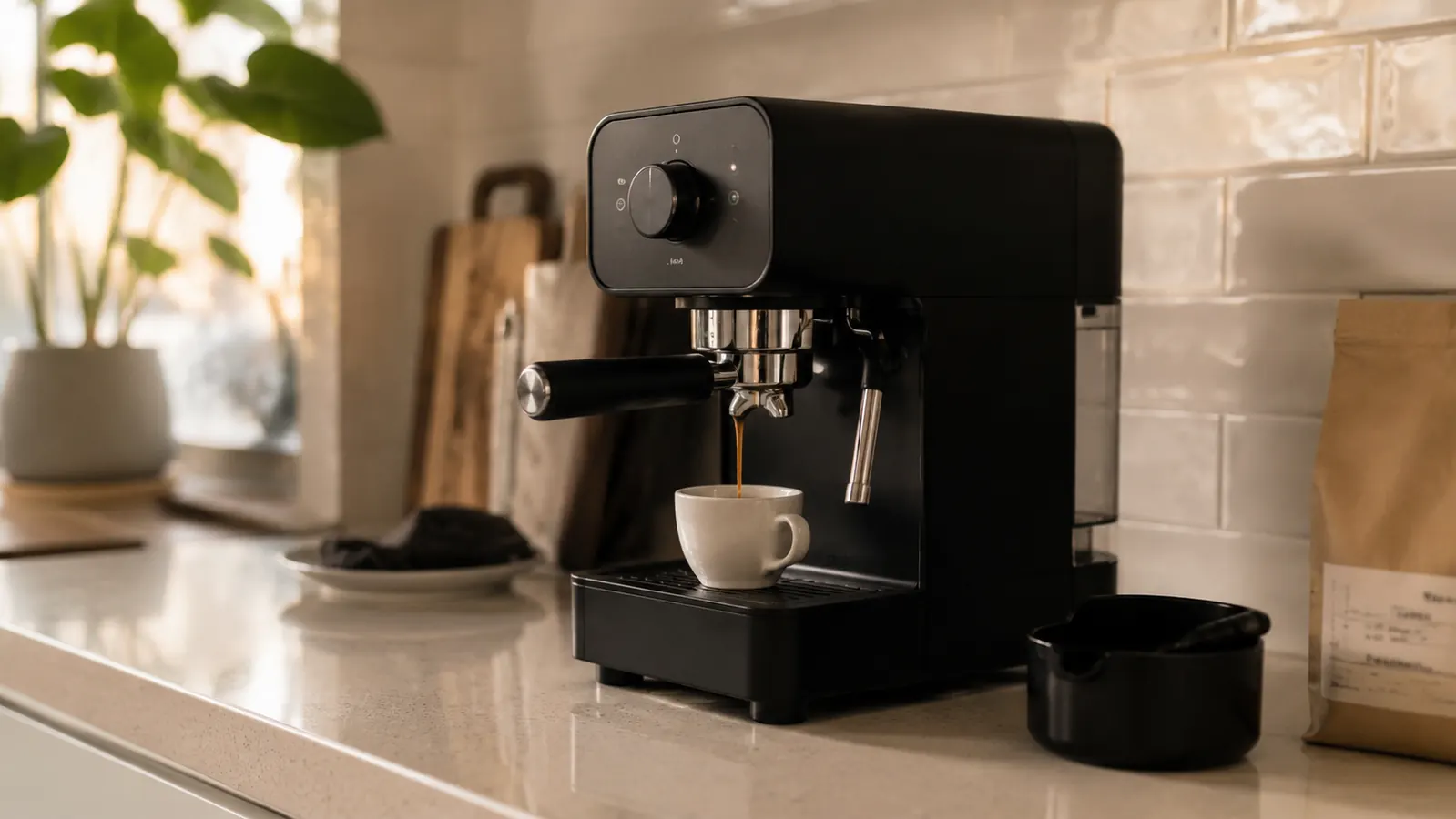 Nespresso Inissia machine on a small apartment kitchen counter next to a single espresso cup