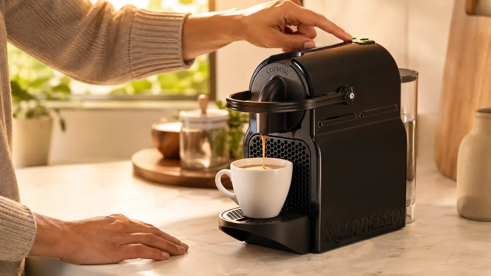 Hand inserting a Nespresso capsule into the Inissia machine