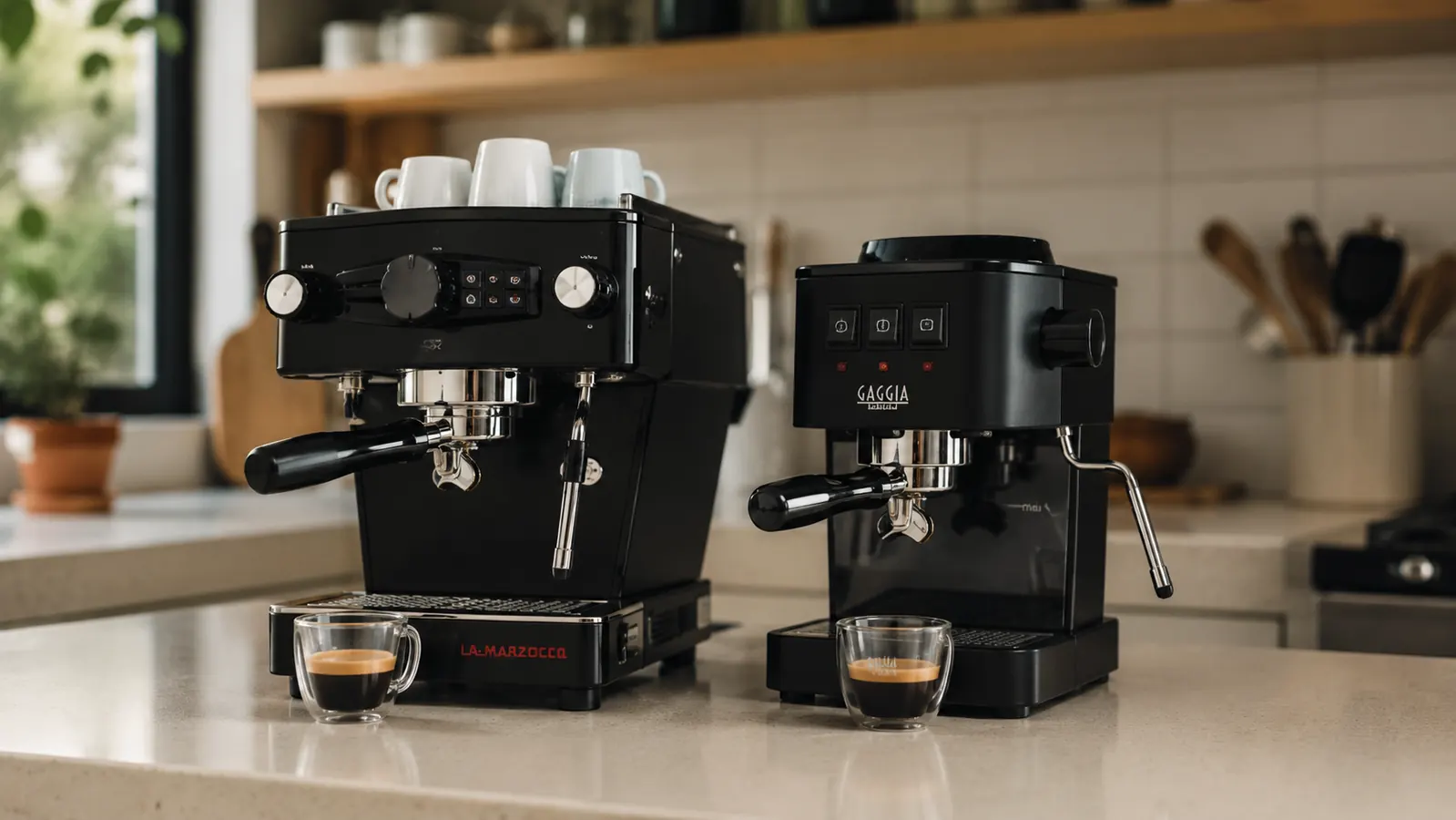 Two compact Nespresso espresso machines sitting side by side on a small apartment kitchen counter with morning light coming through a window
